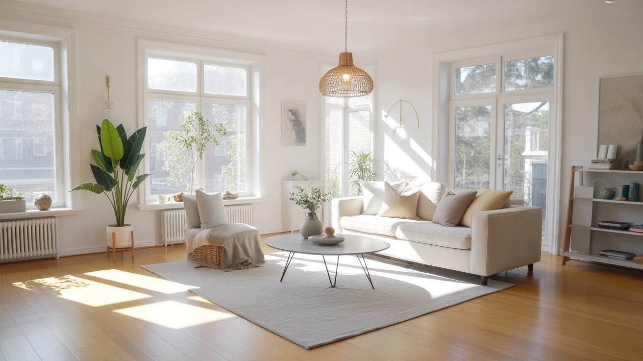 Sala de estar limpa e vazia, pronta para a mudanca