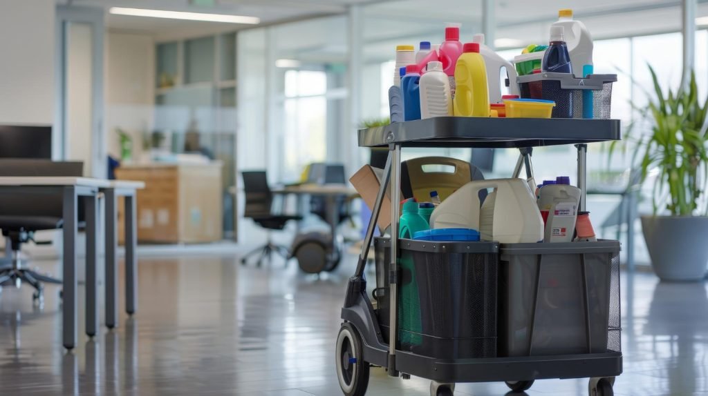 Professional cleaning team sanitizing a corporate office and clinic