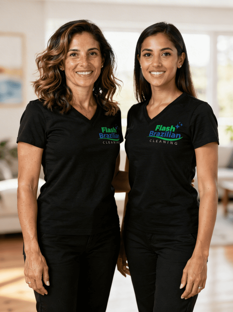 Two professional cleaners from Flash Brazilian Cleaning preparing for a job